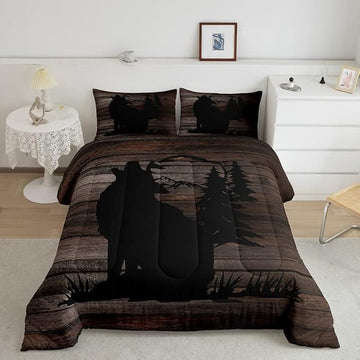Cute Wolf Comforter Set for Girls Kids Wolves Howling Bedding Set Room DecorAnimal Wolves Tree Wood Grain Bedding Set Brown Black Duvet Set 2Pcs with 1 Pillow Case Twin Size Boys