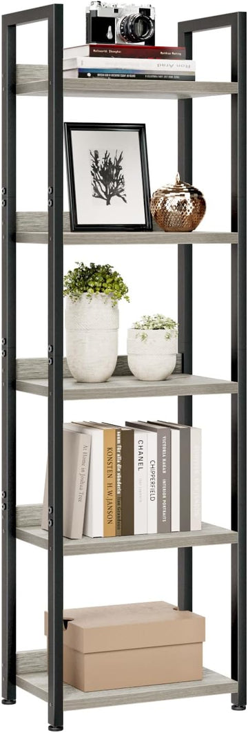 NUMENN Narrow Bookshelf, 5 Tier Bookshelves, Home Office Bookcase Shelf Storage Organizer, Free Standing Storage Shelving Unit for Bedroom, Living Room and Home Office, Grey