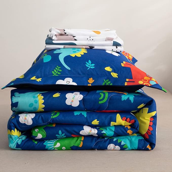Wajade 7 Piece Kid Boys Dinosaur Comforter Set Queen Size 3D Blue Dinosaur Wild Park Jungle Print Bedding Set with Comforter, Sheet Set, Pillowcase and Sham