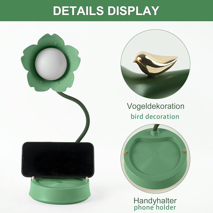 Himmel Flower Desk Lamp, Dimmable LED Kid Desk Lamp with 3 Colour Temperatures, Cordless Rechargeable Desk Lamp with Touch Sensor and Flexible Arm, USB Bedside Lamp for Reading, Learning