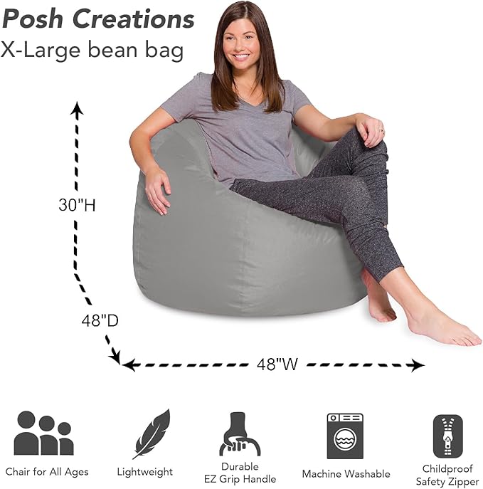 Posh Creations Bean Bag Chair for Kids, Teens, and Adults Includes Removable and Machine Washable Cover, Solid Gray, 48in - X-Large