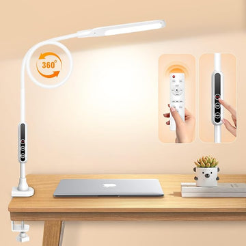 LED Desk Lamp with Clamp, Workbench Light, 10W Eye-Caring Desk Lights, 5 Brightness Levels with Remote Control, Flexible Gooseneck Task Lamp for Office Work Drawing Study Lamp (White)