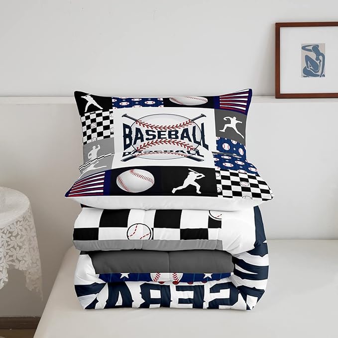 Baseball Bedding,Kids Sports Baseball Comforter Set For Boys Girls Twin Size,Teen Baseball Quilt Set Sport Fans Room Decor,Patchwork Geometric Checkered Comforter Balck white Navy Blue 1 Pillowcase