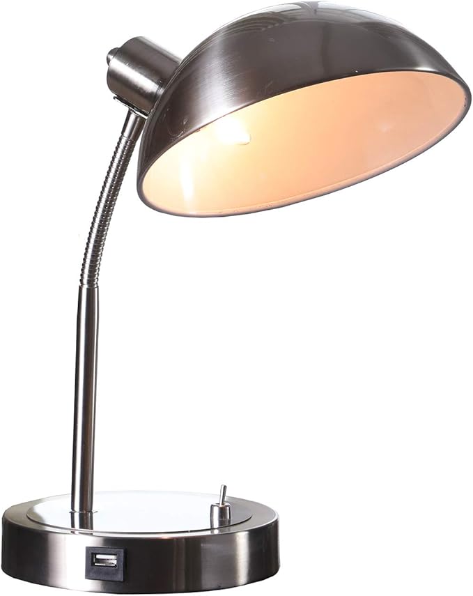 Ore International HBL2128 Leone Flexible Neck Metal Student Task Desk Lamp with USB Port, Brush Silver
