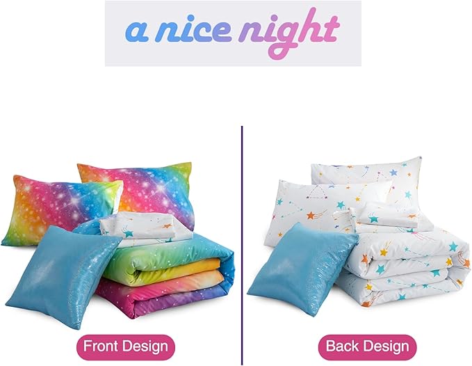 A Nice Night 6Pcs Gradient Glitter Bedding Set for Girls, Colorful Rainbow Galaxy Comforter Set, Ultra Soft Bedding Sets (Multi,Full 6Pcs)