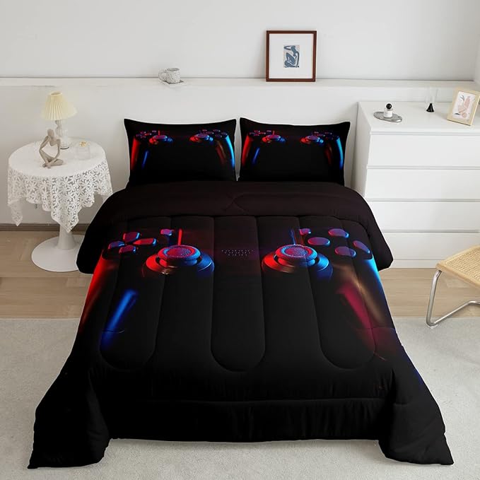 Gamer Comforter Set for Boys Girls Man Gaming Bedding Set,Black Gamepad Home Decor Player Video Game Duvet Insert Teens Kids 3 Pieces 1 Down Comforter with 2 Pieces Pillowcases(Full Size,All Season)