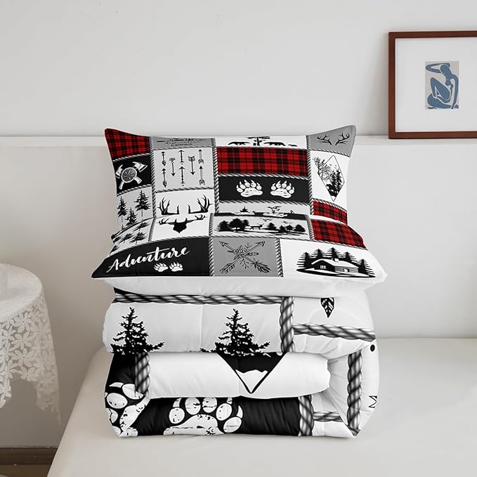 Deer Antlers Comforter Set Queen Size,Bear Paws Pine Trees Xmas Bedding Set for Kids Boys Girls Adults Room Decor,Lattices Patchwork Rustic Farmhouse Down Comforter,Red Duvet Insert,2 Pillowcases