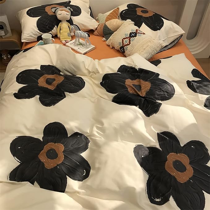Black and White Comforter Set Black Floral Bedding Twin Comforter Set Hand-Drawn Flowers Cotton Women Modern Elegant Chic Quilts Blankets Lightweight Black Flower Reversible Bed Comforter Set