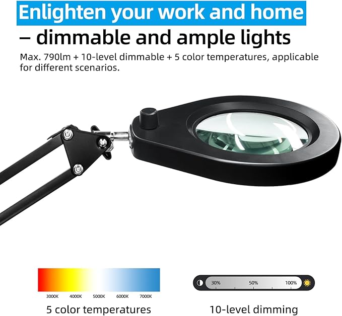 Magnifying Glass with Light and Stand & Desk Clamp, 4.2'' 5X Magnifier Lamp, 5-Color Dimmable LED, Swing Arm Magnifying Desk Lamp for Close Work, Crafting, Workbench & Reading - Rectangle Base