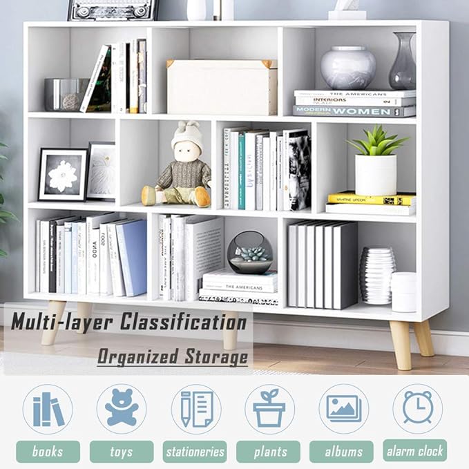 IOTXY Wooden Open Shelf Bookcase - 3-Tier Floor Standing Display Cabinet Rack with Legs, 10 Cubes Bookshelf, Warm White