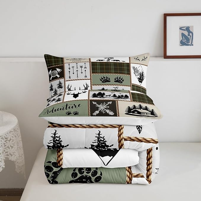 Rustic Farmhouse Kids Comforter Set Twin Size,Deer Antlers Bear Paws Plaids Patchwork Bedding Set for Boys Girls Adults Room Decor,Pine Trees Arrows Down Comforter,Retro Duvet Insert,1 Pillowcase