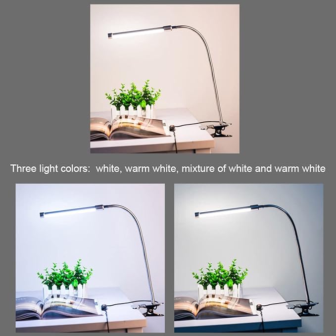 Meichoon Desk Lamp with Clamp Flexible Metal Hose Desktop Clip-On LED Illuminating Light Eye-Caring Table Lamp for Bedroom Bedside Office Study Work Reading Embroidery UK10 White