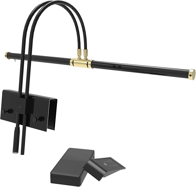 Cocoweb 22" Grand Piano Lamp, LED, Adjustable, Quality Lighting in Black with Brass Accents, with Rechargeable Battery Pack - GPLEDV-22D-BP4