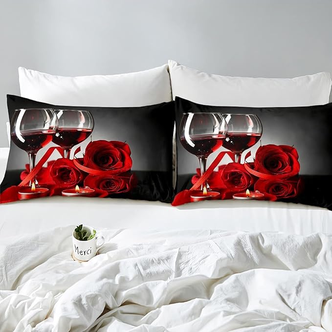 Erosebridal Rose Wine Glass Comforter Set for Girls Red Black Rose Bedding Set Twin Size Floral Blossom Quilt Set Banquet Flower Romantic Valentine's Day Duvet Set, Women Men Adult Grey Comforter Set