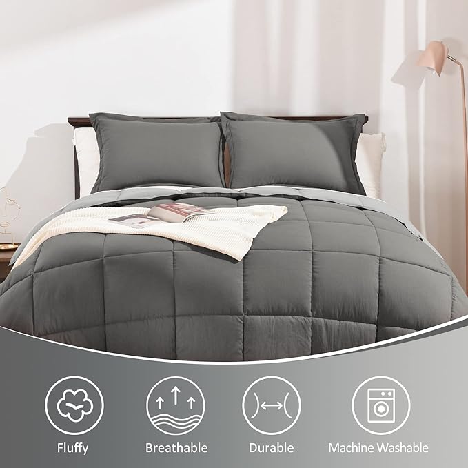 Basic Beyond Queen Comforter Set - Fluffy Comforter Queen Set for All Seasons - Reversible Dark Grey Comforter Set for Mens - 3 Pieces (1 Comforter + 2 Pillow Shams) - Dark Gray/Grey