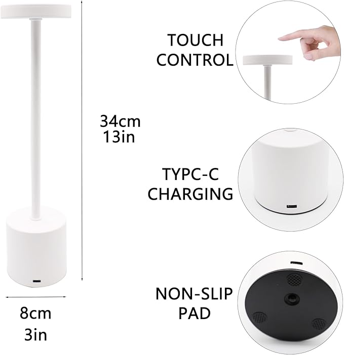 2 Pack Cordless Table Lamp Rechargeable 5000mAh Battery Operated Portable LED Desk Lamp 3 Color Temperature Stepless Dimming for Bedroom Restaurant Coffee Shop Party (White)