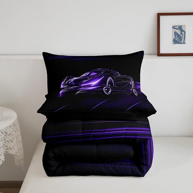 Feelyou Dull Purple Race Car Bedding Set Queen Size for Kids Boys Extreme Sport Games Comforter Set Teens Toddler Fast and Furious Duvet Set Cool Modern Quilt Set 3Pcs