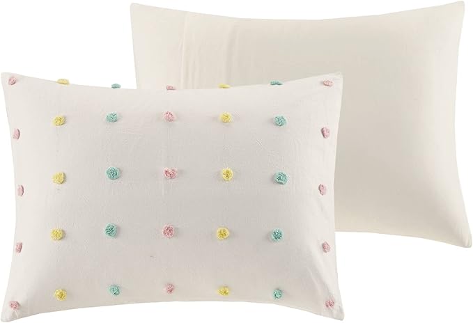 Duvet Cotton Jacquard Weave Colorful Poms Accent, Shabby Chic Cover for Comforter Cozy Bedding Set, Matching Shams, Decorative Pillows, Full/Queen, Multi, Twin/Twin XL, 4 Piece