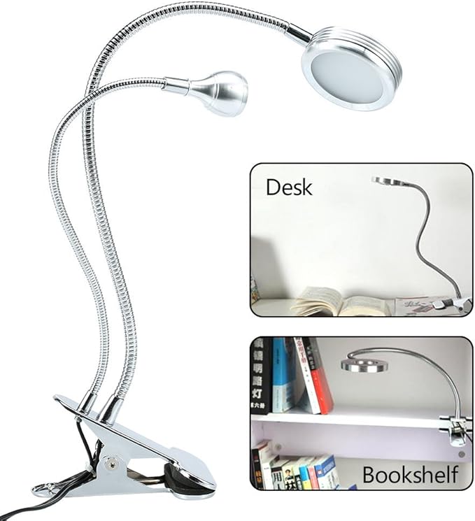 FILFEEL 2in1 LED with Clip, Illuminated Lights for Nail Desk Manicure Makeup Bed Reading Use Flexible Metal Hose with USB Interface