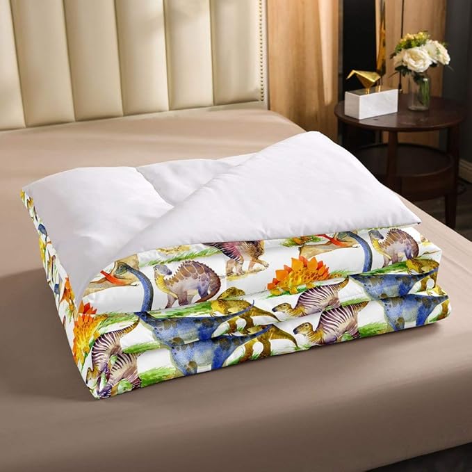 Erosebridal Dinosaur Comforter Set Kawaii Dino Bedding Set for Kids Girls Boys Teens Bedroom Decor, Retro Animal Duvet Insert Watercolor Wildlife Soft Microfiber Quilt with 2 Pillow Cases, Full