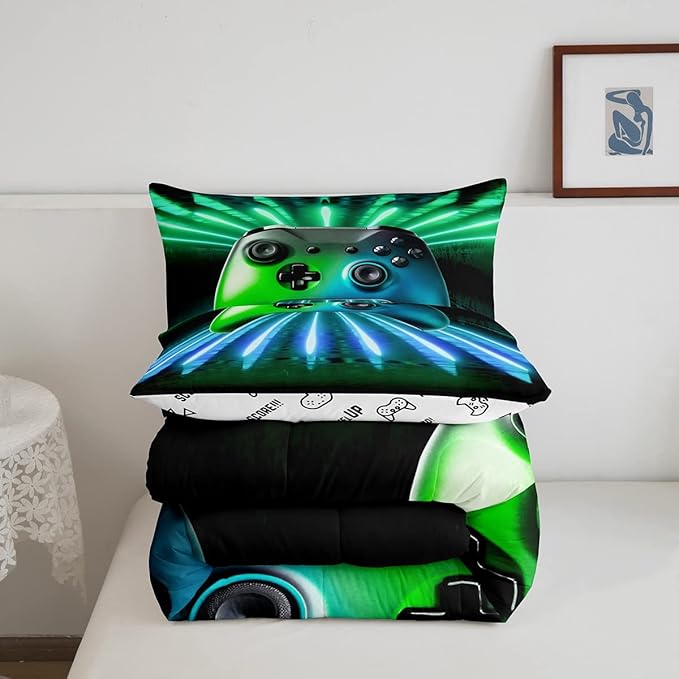 Erosebridal Green Blue Gamepad Comforter Set, Game Player Bedding Set Queen Size Modern Gamer Gaming Down Comforter Neon Trippy Quilt Set for Kids Boys Girls Teens Young Man Room Decorative
