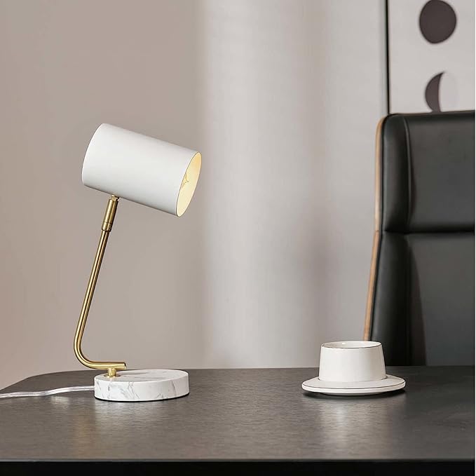 Globe Electric Novogratz x 65784 Athena 15" Desk Lamp, White Shade, Brass Arm, White Faux Marble Base