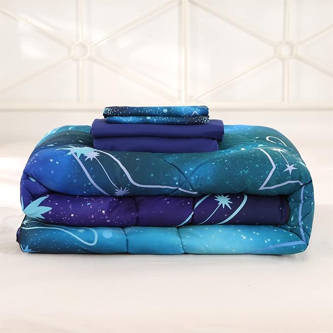 Wowelife 5 Piece Galaxy Space Cat Bedding Comforter Set Queen Constellation Bedding Set Blue Kids Bedding Set Bed in a Bag for Boys and Girls with Comforter, Flat Sheet, Fitted Sheet and 2 Pillowcases