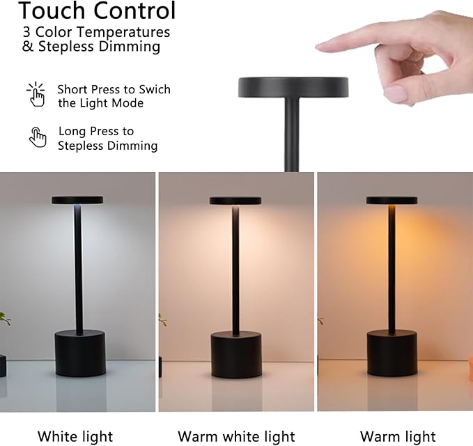 2 Pack Cordless Table Lamp Rechargeable 5000mAh Battery Operated Portable LED Desk Lamp 3 Color Temperature Stepless Dimming for Bedroom Restaurant Coffee Shop Party (Black)