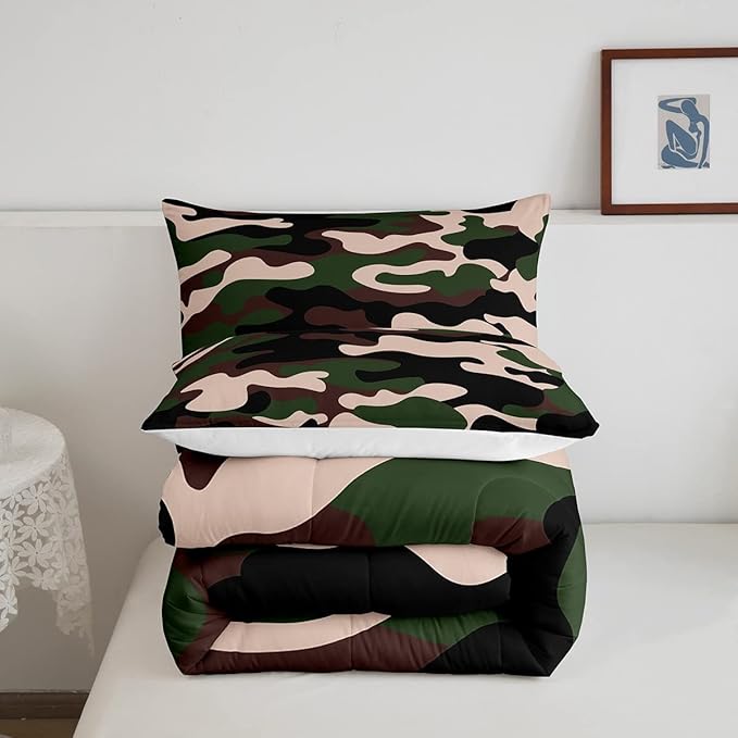 Twin Size Camouflage Comforter Set 3Pcs Kids Bedding Set for Boys Girls Teens 1 Comforter & 2 Pillowcases(Twin,Army Green) Boys