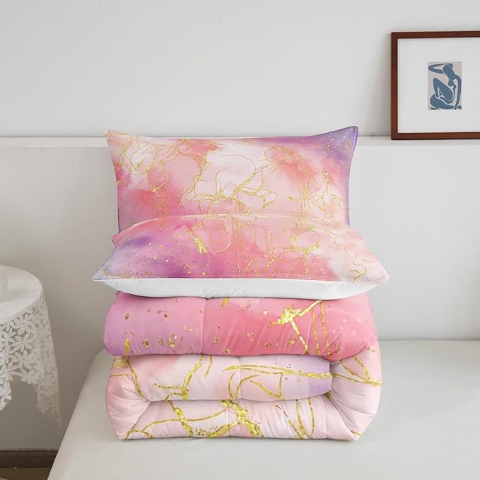 Golden Marble Bedding King Size, Tie Dye Gradient Bedding Comforter Sets for Boys Girls Women, Marbling Ink Painting Comforter Set Pink Purple Glitter Pastel Girls Room Decor with 2 Pillowcases