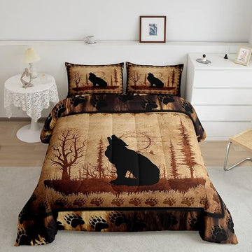 Feelyou Cute Wolf Comforter Set for Girls Boys Kids Wolves Howling Bedding Set Room Decorative Animal Wolves Tree Pattern Bedding Set Exotic Style Brown Black Duvet Set Queen Size 3Pcs Quilt Set