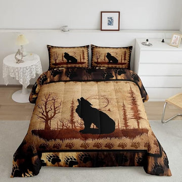 Feelyou Cute Wolf Comforter Set for Girls Boys Kids Wolves Howling Bedding Set Room Decorative Animal Wolves Tree Pattern Bedding Set Exotic Style Brown Black Duvet Set King Size 3Pcs Quilt Set