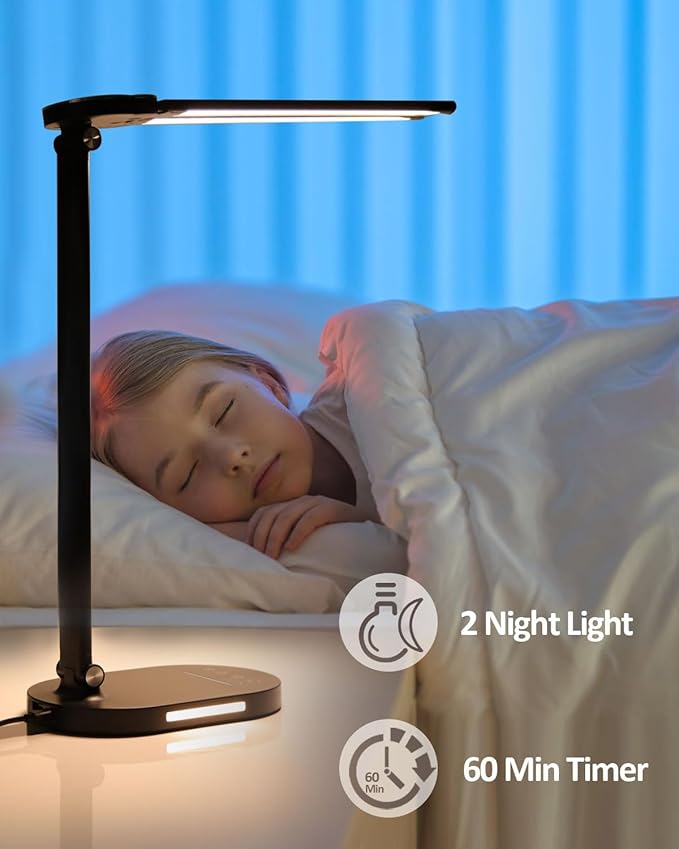 LED Desk Lamps for Home Office, 14W Double Swing Arm Desk Lamp with USB Charging Port, Eye-Caring Architect Task Lamp, Touch Control Desktop Lamp with Night Light Table Light for Work Study Craft