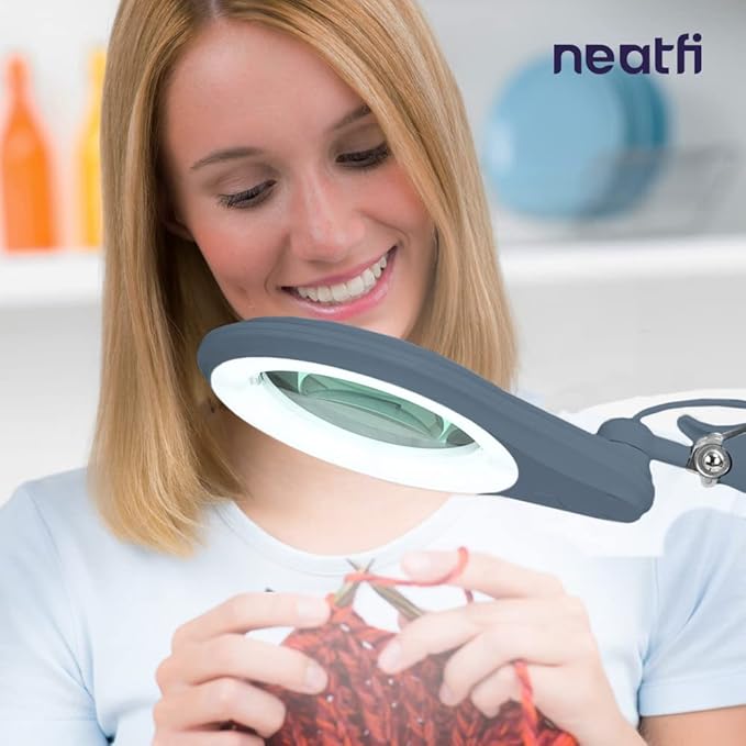 (New Model) Neatfi Bifocals 1,200 Lumens Super LED Magnifying Lamp with Clamp, 5D + 20D, Dimmable, 60 Pcs SMD LED, 5 Inches Diameter Lens (5 Diopter + 20 Diopter, Gray)
