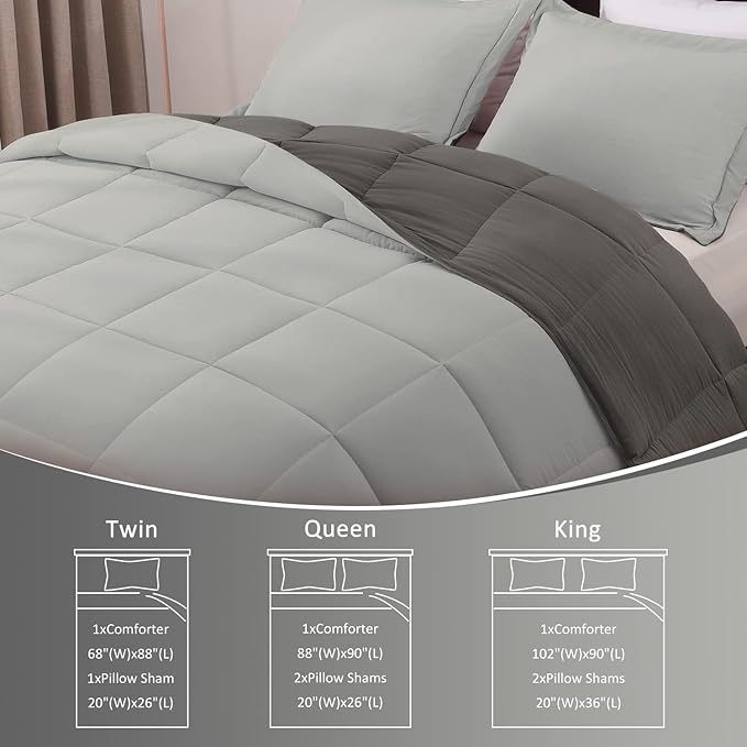 Basic Beyond King Size Comforter Set - Fluffy King Bed Comforter Set for All Seasons - Reversible Dark Grey Comforter Set - 3 Pieces (1 Comforter + 2 Pillow Shams) - Dark Gray/Grey