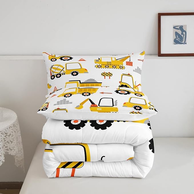 Cartoon Car Comforter Set Kids Construction Comforter for Boys Equipment Trucks Bedding Set Breathable Cartoon Yellow Car Excavator Tractor Duvet Set Room Decor Quilt Set Full Size