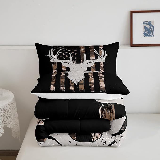 Erosebridal Brown Camo Deer Bedding Comforter Sets, American Flag Comforter Set Queen Size for Boys Teens, Western Farmhouse Antlers Bedding Retro Camouflage Geometry Striped Quilt 3 Pcs