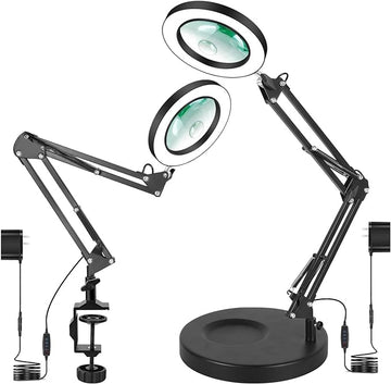 Magnifying Glass with Light and Stand,2-in-1 Lighted Magnifier Deskop lamp with Clamp,5X&10x Real Glass 3 Color Stepless Dimmable Magnifying Desk Lamp for Close Works Reading Crafts Hobby Soldering
