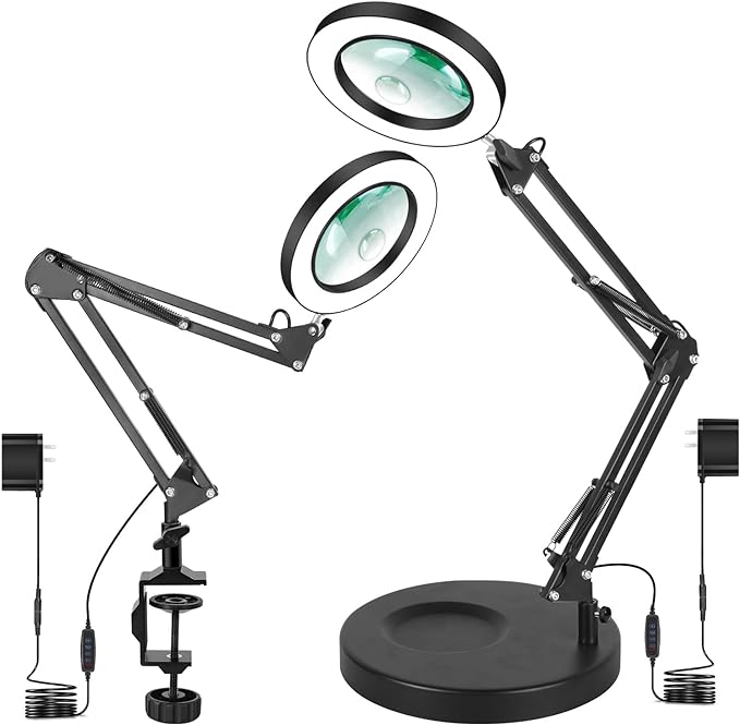 Magnifying Glass with Light and Stand,2-in-1 Lighted Magnifier Deskop lamp with Clamp,5X&10x Real Glass 3 Color Stepless Dimmable Magnifying Desk Lamp for Close Works Reading Crafts Hobby Soldering