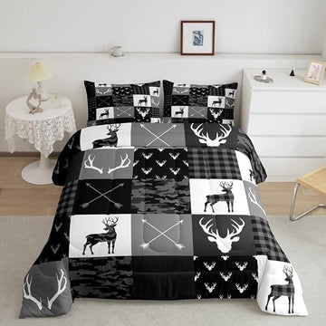 Camo Deer Boys Twin Comforter Set,Deer Antlers Silhouette Black Grey Camouflage Quilt Set for Kids Adults Room Decor,Wild Animals Hunting Adventure Rustic Comforter,Geometric Plaids Arrow Bedding Set