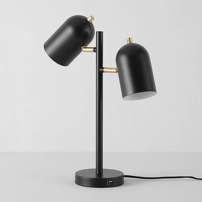 Globe Electric 52994 19" 2-Light Desk Lamp, Matte Black, Matte Brass Accents, 2.1A USB Port, On/Off Rotary Switch on Each Shade