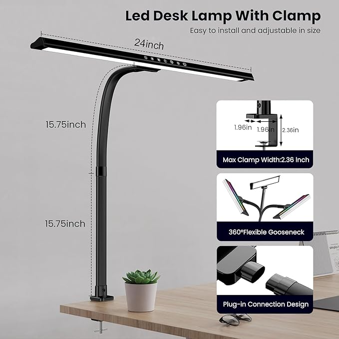 2-in-1 Desk Lamp with RGB Ambient Light, Architect Desk Lamps for Home Office, 5 Color Modes & Brightness Levels, Eye-Caring Flexible Gooseneck Table Light for Monitor Working Reading Gaming
