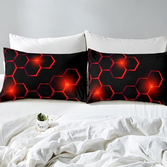 Honeycomb Kids Comforter Set Modern Geometry Hexagon Bedding Set for Boys Children Teens Bedroom Decor Geometrical Comforter Beehive Geometric Black Red Duvet Set Full Size with 3 Pillow Case