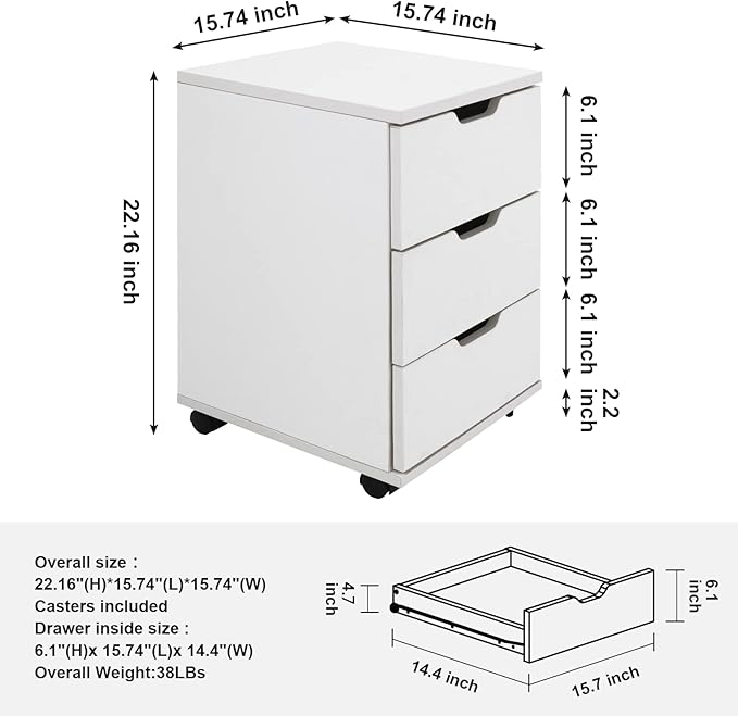 Farini 3-Drawer Vertical Filing Cabinet Rolling Wood Mobile File Cabinets Under Desk for Home Office with Casters (White, Fully Assembled)