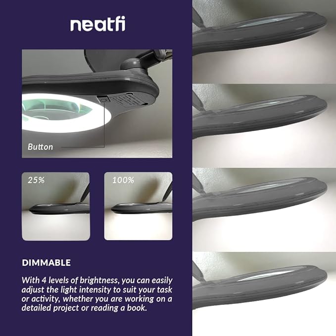 Neatfi (New Model) Bifocals 1,200 Lumens Super LED Magnifying Lamp with Clamp, 5D + 20D, Dimmable, 60 Pcs SMD LED, 5 Inches Diameter Lens, Adjustable Arm Utility Clamp (5 Diopter + 20 Diopter, Silver)