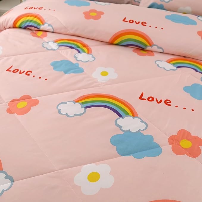 3PCS Rainbow Comforter Set Twin, Cute Pink Twin Size Flower Cloud and Rainbow Comforter Aesthetics, Super Soft and Comfort Microfiber, Kawaii Girls’ Bedroom Decor for Kids, Teens, Children, Women