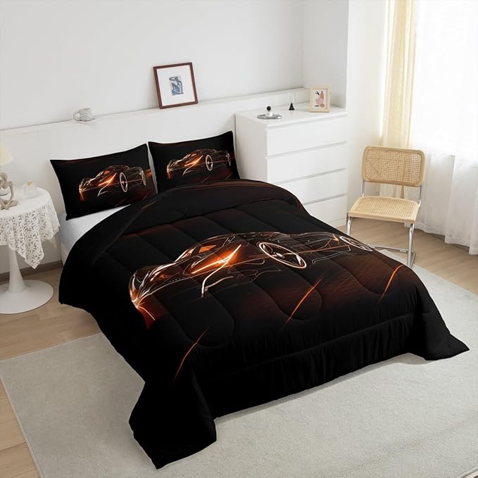 Feelyou Orange Race Car Bedding Set Queen Size for Kids Boys Extreme Sport Games Comforter Set Teens Toddler Fast and Furious Duvet Set Cool Modern Quilt Set 3Pcs