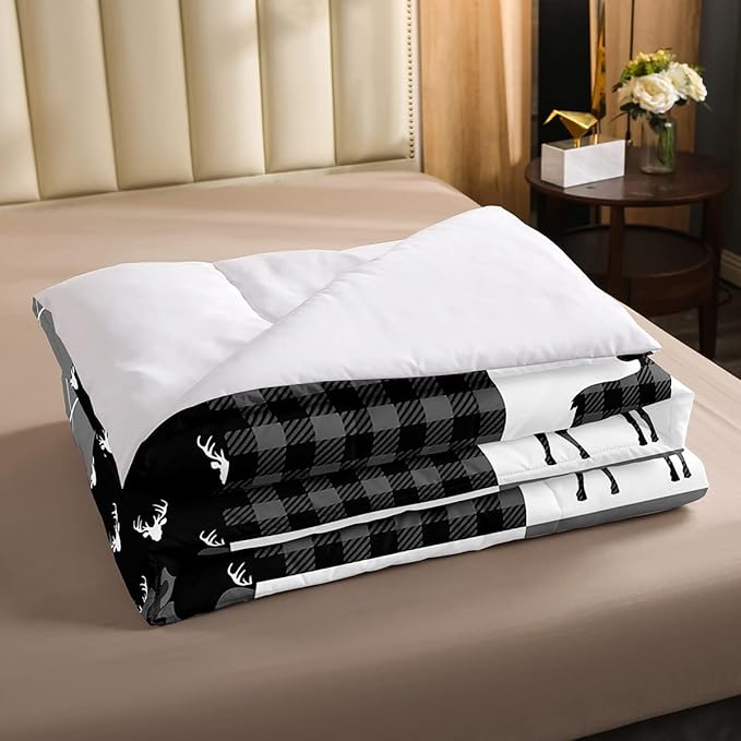 Deer Antler Silhouette Kids Comforter Set Full Size,Geometric Plaids Arrows Boho Bedding Set,Wild Animals Hunting Rustic Adventure Comforter,Camo Black Grey Quilt Set for Boys Girls Room Decor