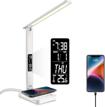poukaran Desk Lamp, LED Desk Lamp with Wireless Charger, USB Charging Port, Table Lamp with Night Light, Desk Lights with Clock, Alarm, Date and Temperature, White