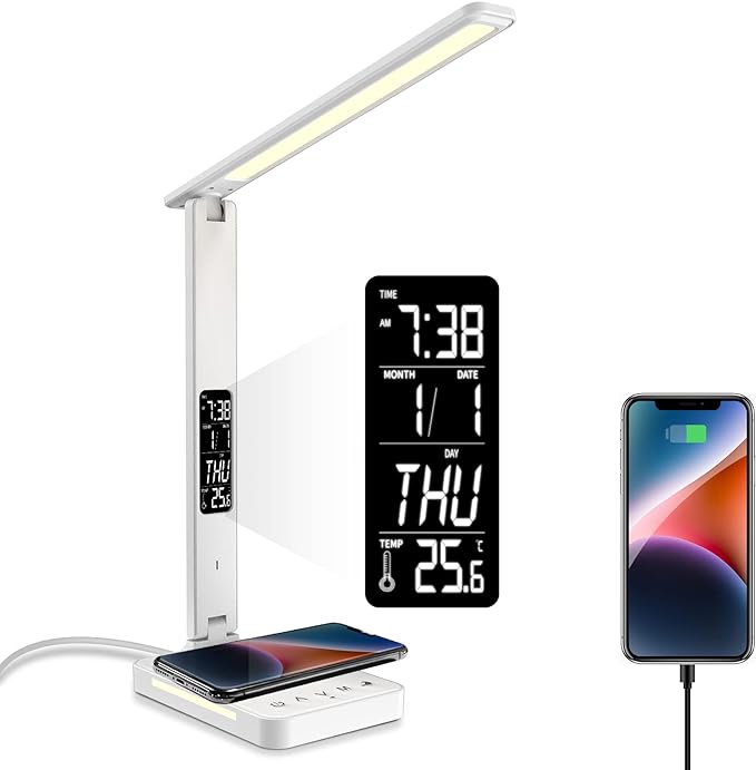 poukaran Desk Lamp, LED Desk Lamp with Wireless Charger, USB Charging Port, Table Lamp with Night Light, Desk Lights with Clock, Alarm, Date and Temperature, White